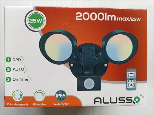 ALUSSO LED Security Light Outdoor with Motion Sensor, Remote Control 25W PIR Floodlight IP65 Waterproof, Dask to Dawn Flood Light 3000K-6500K Adjustable, Dimmable Wall Light for Garden Yard Garage