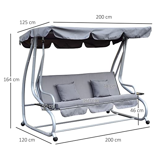 Outsunny 2-in-1 Garden Swing Seat Bed, 3 Seater Convertible Swing Chair Bench with Tilting Canopy, Cushioned Seat and 2 Pillows for Patio, Yard, Grey