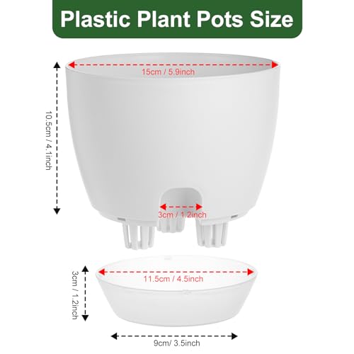 IWTTWY Self Watering Plant Pot Set Pack of 3, 15cm Clear Plastic Flower Pots, Planters for Indoor with Drainage Maintains, Seed Seedling Pots for Orchid, African Violet, Rose, Tulips (White - Clear)