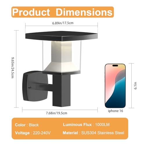 NBHANYUAN Lighting Outside Wall Light,SUS304 Stainless Steel Outdoor Light Garden Light Waterproof Outdoor Wall Lamp,3000K Warm White for Yard,Porch,Black,IP44 1000LM