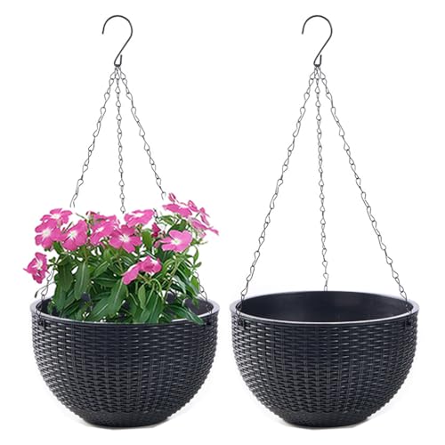 WOWEI 2 Pack Hanging Basket Outdoor Self Watering Hanging Plant Pot with Water Reservoir & Drain Hole Outdoor Hanging Baskets for Plants with Chains for Garden Flower Planter (Black, L)