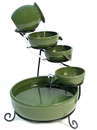 Primrose 55cm Green Solar Powered Ceramic Jug & Bowl Outdoor Water Feature with Battery Backup and LED Lights
