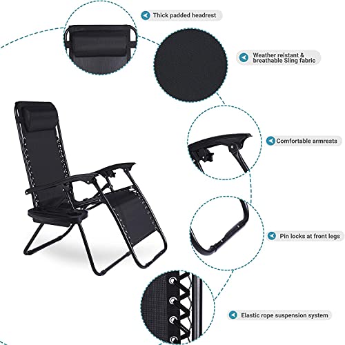 Aspect Zero Gravity Chair, Outdoor Garden Sunloungers, Sturdy Textoline, Reclining Garden Chairs with Cup Holder and Pillow Headrest - Black