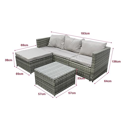 COZYBRITE Garden Corner Sofa Rattan Furniture Set 4 Seater Patio Outdoor Lounge Settee with Glass Coffee Table & Cover All-weather SFS066 (Mix Grey Rattan-Grey Cushion)