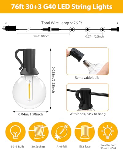 Woolmug 76FT Outdoor Festoon Lights Mains Powered, String Light with 30-3 G40 LED Bulbs, Waterproof & Shatterproof Hanging Globe Patio Lighting for Garden Pergola Wedding Gazebo Backyard Outside