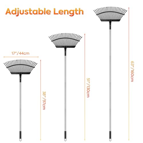 Yangbaga 63” Garden Leaf Rake， 38”-63”Adjustable Garden Rake,25 tines, Metal Rake for Quick Clean Up of Lawn and Yard …