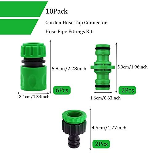 10Pack Garden Pipe Fittings Kit for Outdoor Tap - 2 Double Male & 6 Quick Snap Connectors, 2 Hose Tap Connectors (1/2'' & 3/4'' Size 2-in-1)