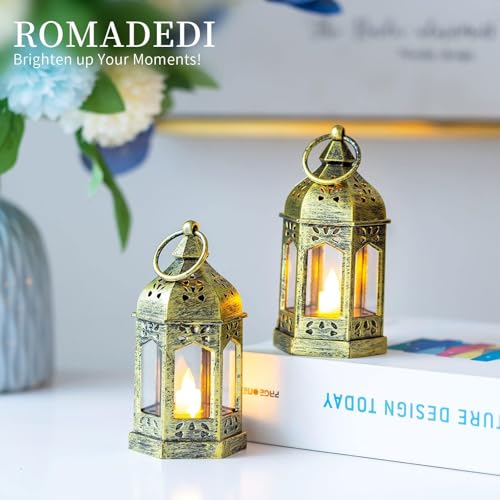 Romadedi Gold Candle Lantern Christmas - 10pcs Hanging Small Decorative LED Lantern Bulk for Halloween Table Decoration Wedding Decor Moroccan Ramadan
