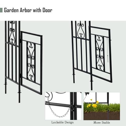CyyKcc Black Garden Arbour Arch with Gate, Heavy Duty Metal Plant Climbing Arch Frame for Wedding, Party, Garden Pergola Arbor Trellis with Doors for Indoor, Outdoor