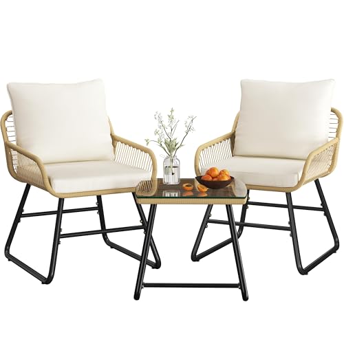 Yaheetech 3-Piece PE Wicker Bistro Set – Tan & Cream