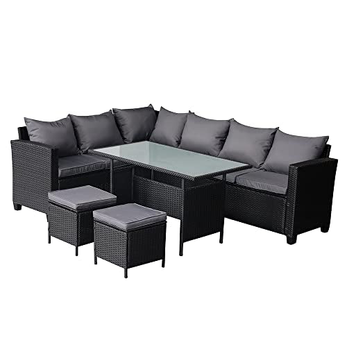 Panana 8-Seater Rattan Corner Sofa Set with Table & Stool, Outdoor Wicker Patio Lounge Furniture Set for Garden, Patio, Balcony, and Conservatory (Black Wicker with Grey Cushions)