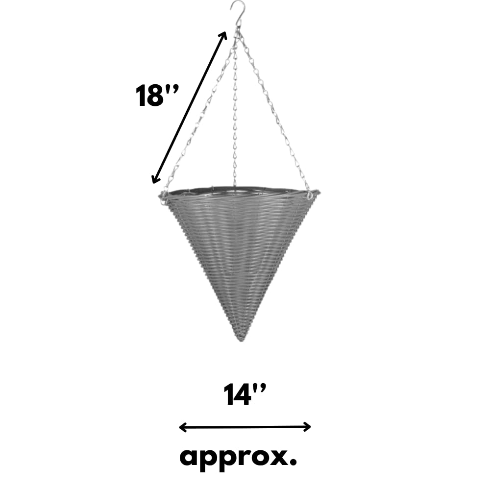 Garden Mile® Garden Hanging Flower Basket 14'' Cone Rattan Effect Plant Holder Outdoor Plant Pot Planter with Hanging Chain Grey Wicker Flower Pot Basket Pre-Lined for Easy Planting