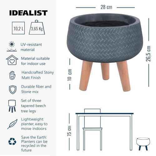 IDEALIST 11 Inch Plaited Sage Green Reinforced Stone Bowl Planter | Large Bonsai Pot on Legs | Indoor Plant Pot D28 H26 cm, 10 litres