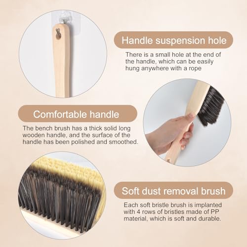 Zimoer Pack of 2 Hand Brush, Hand Sweep, Dust Brush, Soft Brush with Wooden Handle, Cleaning Brush, Suitable for Beds, Sofas, Furniture, Clothes and Whisks, Car, Holes on the Broom Handle for Hanging