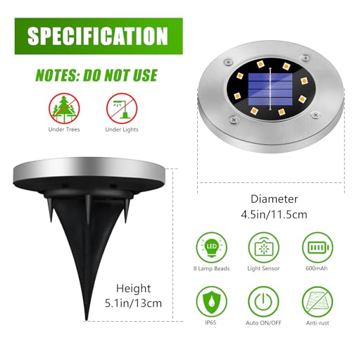 SCNNC Solar Lights Outdoor Garden, 8 LEDs Solar Ground Lights Warm White IP65 Waterproof Decking Light, Solar Powered Pathway Lights Garden Solar Disk Lights for Lawn Yard Patio Landscape, 8 Pack