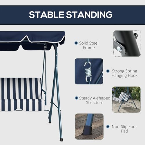 Outsunny 3 Seater Garden Swing Chair with Adjustable Tilting Canopy, Outdoor Hammock Bench with Steel Frame, Padded Seat for Patio Yard Outside, Blue