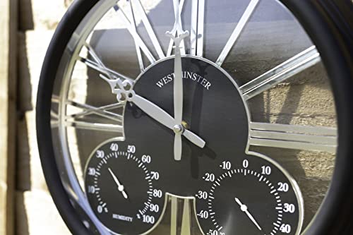 Homezone Large Black garden clock with thermometer and barometer - Battery Power Operated Quartz Waterproof Weatherproof Garden Clock - Black Indoor or Outdoor Weather Station for Garden Patio
