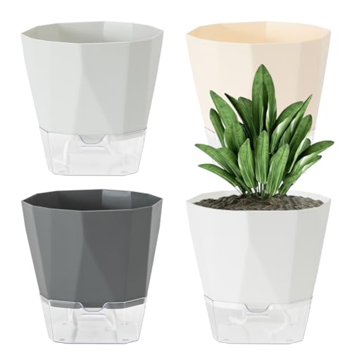 Olrla Self Watering Planter Pots 17cm, Set of 4 plastic planter with Drainage Hole and Deep Reservoir for indoor and outdoor flowers plants planting, 4 colors