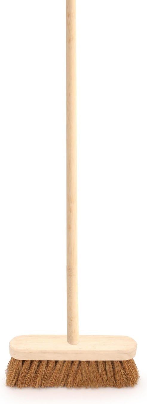 10” Soft Broom Indoor with Wooden Handle Natural Coco Bristles Sweeping Brush with Durable Support Bracket for Cleaning Any Surface Wooden Floor Decking and Paving Slabs (Pack of 1)