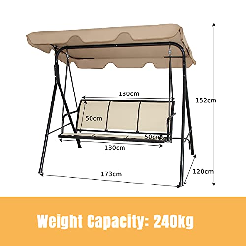 COSTWAY 3 Seater Garden Swing Chair, Outdoor Indoor Canopy Powder Coated Steel Cushioned Seaters, Patio Metal Hammock Swinging Bench Lounger Seat, 240KG (Brown)