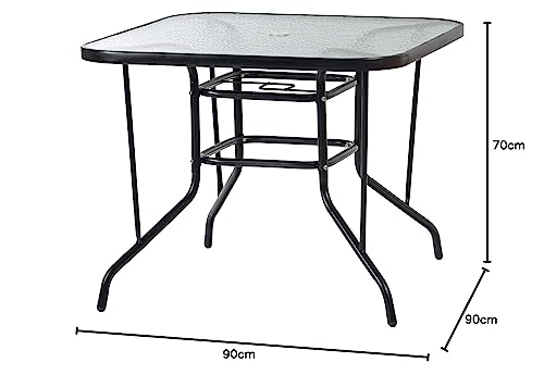 Harbour Housewares Glass Top Garden Table - Black Metal Frame Outdoor Furniture Garden Patio Furniture Modern Square Dining Table Bistro Tables for Outdoor Dining