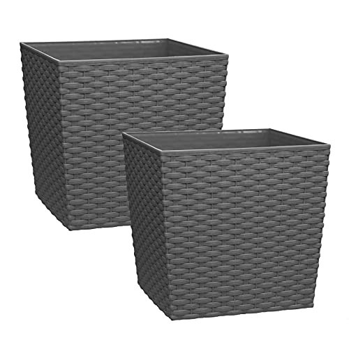 simpahome 7 Litre Cubie Rattan Plastic Planters - Grey, Set of 2 Pots - 19cm (H) x 19cm (W) x 19cm (D)