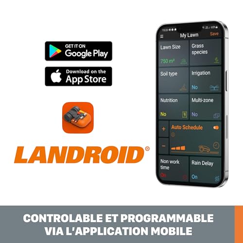 WORX - LANDROID - 1500 m² - Connected Robot Lawn Mower - WR153E (Easy Installation, Configurable, Autonomous, Remote Control via APP, Smart Mowing, Mowing in the Rain)