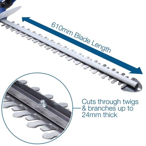 Hyundai 680w 610mm Corded Electric Hedge Trimmer Pruner, Rotatable Handle, 10m Power Cord, Handle Branches Up to 24mm in Diameter, 4.14kg, 3 Year Warranty