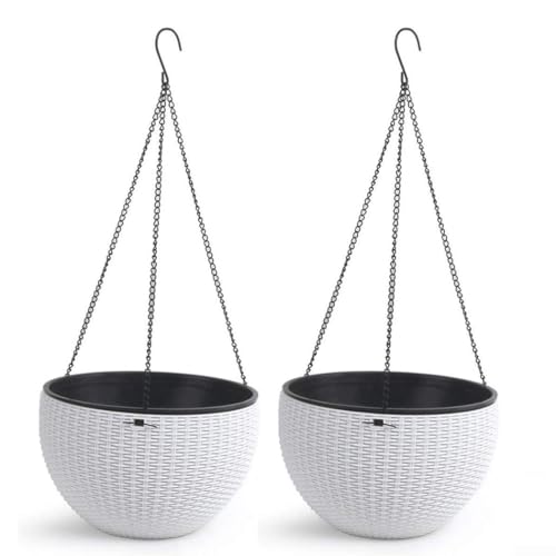 2 Pcs Hanging Plant Basket Outdoors Plastic White Self Watering Hanging Plant Pots with Chain Hooks and Drainage Flower Holder for Plants Flowers Indoor Herbs Violets