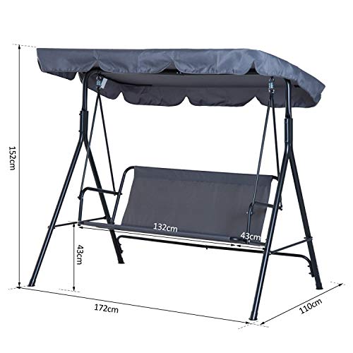 Outsunny 3 Seater Canopy Swing Chair Garden Rocking Bench Heavy Duty Patio Metal Seat w/Top Roof - Grey