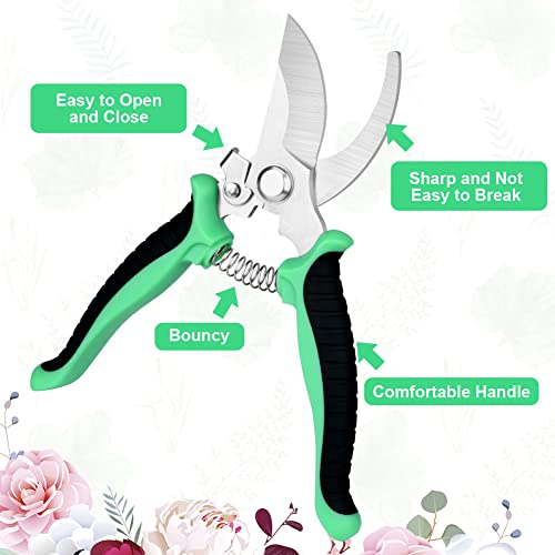 OFFCUP Garden Secateurs, Florist Scissors, Bypass Pruning Shears Professional Secateurs Pruning Scissors Snips with Gloves, Trimmer, Clippers with Locking Handle, Gardening Gifts for Men (Green)