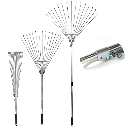Lawn Leaf Rake Adjustable Metal Rake, 30-65 inch / 78-167cm Long Grass Rake with 19-61cm Folding Head for Lawn and Garden Cleaning, Telescopic Leaf Rake, Silver,Metal Adjusting Buckle (78-167CM)