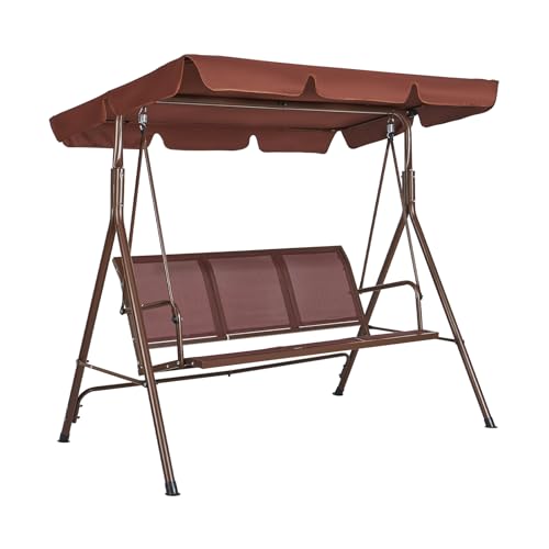 VEVOR 3-Seat Patio Swing Chair, Outdoor Patio Swing with Adjustable Canopy, Porch Swing with Armrests, Teslin Fabric and Alloy Steel Frame, for Balcony, Backyard, Patio, Garden, Poolside, Brown
