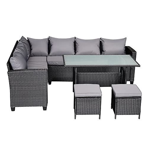 Panana 8-Seater Rattan Corner Sofa Set with Table & Stool, Outdoor Wicker Patio Lounge Furniture Set for Garden, Patio, Balcony, and Conservatory (Black Wicker with Grey Cushions)