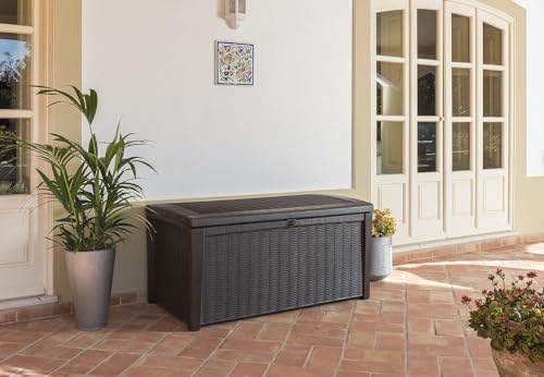 Keter Borneo 416L Outdoor 60% recycled Garden Furniture Storage Box Brown Rattan Effect | Fade Free | All Weather Resistant | Safe and Secure | Zero Maintenance | 2 year Warranty