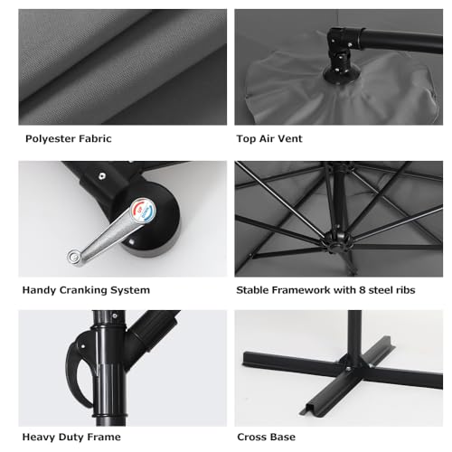 Panana 3M Garden Cantilever Parasol Outdoor Banana Hanging Umbrella 8 Sturdy Ribs with Crank Mechanism Sun Shade Canopy for Poolside, Deck, Patio and Balcony Dark Grey