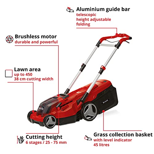 Einhell Power X-Change RASARRO 36/38 Cordless Lawnmower With Battery (x2) And Twin-Charger - 36V, Brushless Motor, 38cm Cutting Width, 45L Grass Box, 6 Cut Heights, Mulching - Battery Lawn Mower