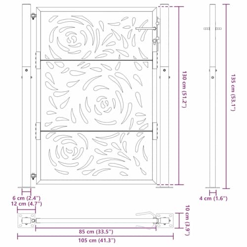 vidaXL Garden Gate - Weathering Steel - Rustic Finish - 105x130 cm - Lockable Steel Entrance Door - Laser-Cut Flame Design