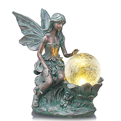 TERESA'S COLLECTIONS Garden Ornaments Outdoor, Sitting Bronze Fairy Garden Statues with Solar Crack Glass Ball, Waterproof Resin Fairy Ornaments, Indoor Outdoor 30CM