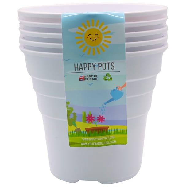 Happy Pots ECO 12.5cm Gloss White - Pack of 5 Premium Plastic Plant Pots - Reusable Flower Pots for Indoor/Outdoor Home Décor Gardening - Round, Heavy Duty, UV Resistant, Recyclable - Made in UK