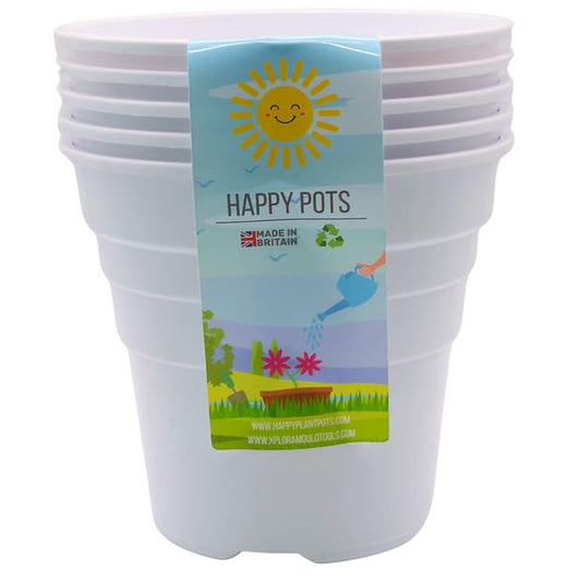Happy Pots ECO 12.5cm Gloss White - Pack of 5 Premium Plastic Plant Pots - Reusable Flower Pots for Indoor/Outdoor Home Décor Gardening - Round, Heavy Duty, UV Resistant, Recyclable - Made in UK