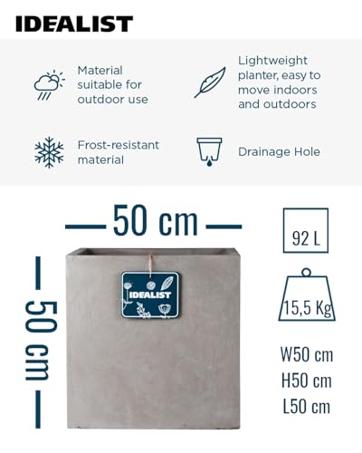 IDEALIST 50cm Large Square Planter for Trees | Grey Reinforced Stone Flower Pot with Drainage Holes L50 W50 H50.5 cm, 92 litres