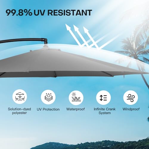 Panana 3M Garden Cantilever Parasol Outdoor Banana Hanging Umbrella 8 Sturdy Ribs with Crank Mechanism Sun Shade Canopy for Poolside, Deck, Patio and Balcony Dark Grey