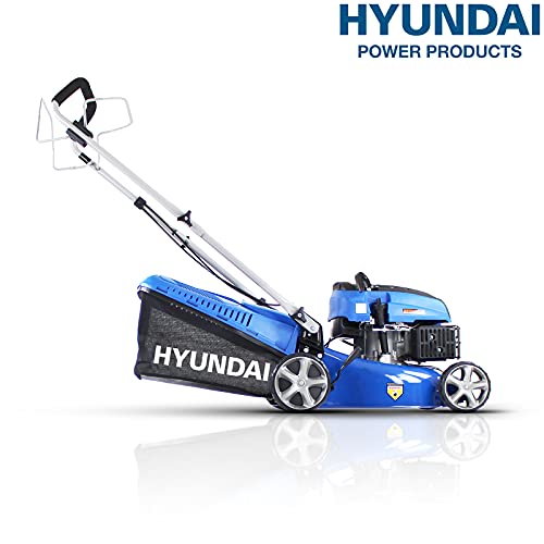 Hyundai Petrol Self Propelled Lawnmower, 17"/43cm 139cc, Recoil Pull Start, 5 Adjustable Cutting Heights, Large 45l Grass Collector Bag, Foldable Handles, 3 Year Warranty,