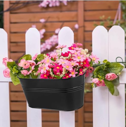 LATERN 4Pcs Metal Hanging Flower Pots, 27.5cm Large Plant Pots Hanging Flower Bucket with Detachable Hook for Balcony Fence Garden Home Decor (Black)