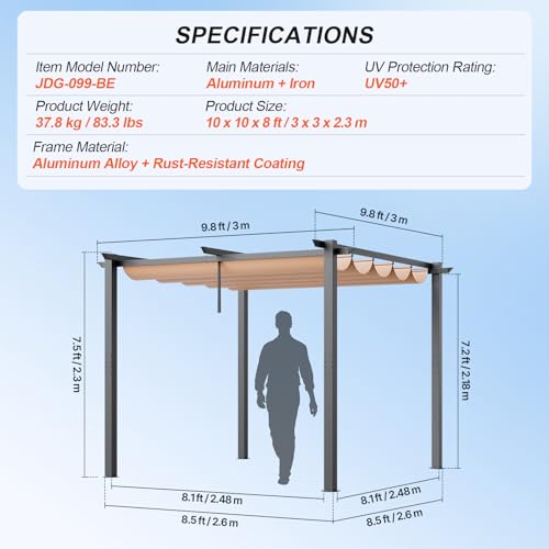 VEVOR 10'x10' Outdoor Retractable Pergola with Canopy, Aluminum Pergola with Retractable Canopy, Modern Style, Sun Shade for Patios, Gardens, Decks, Backyards (Beige)