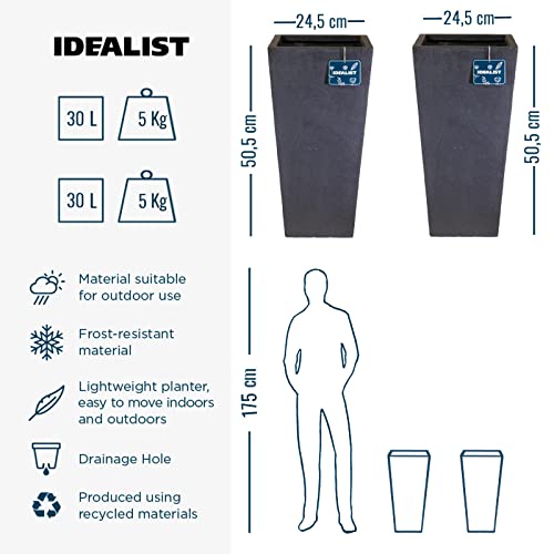 IDEALIST Set of 2 Small 50.5cm Tall Planter for Garden | Dark Grey Reinforced Stone Tapered Square Planter | Outdoor Pots with Drainage Holes L24.5 W24.5 H50.5 cm, 18 litres