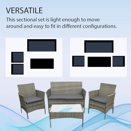 COZYBRITE Rattan Garden Furniture Sofa Set with Cover Coffee Table Chairs 4 Seater for Outdoor Patio Balcony 6210-B (Mixed Grey-Dark Grey Cushions)