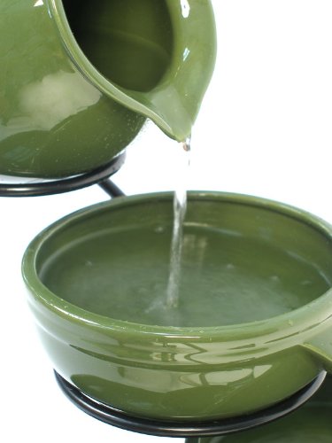 Primrose 55cm Green Solar Powered Ceramic Jug & Bowl Outdoor Water Feature with Battery Backup and LED Lights