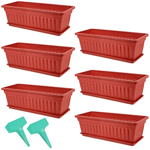 PINGEUI 6 Pack 43cm Plastic Window Box Planter, Rectangular Windowsill Countryside Flower Box Planter, Vegetable Growing Containers with Trays and 30 PCS Plant Labels, Terracotta Color